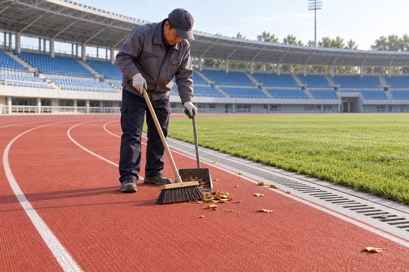 Groundskeeper removing leaves from a rubber track beside the drainage channel