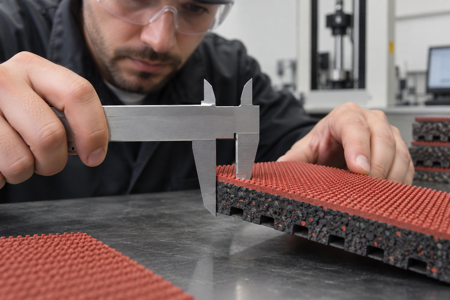Technician examining the thickness and construction of a prefabricated rubber track sample