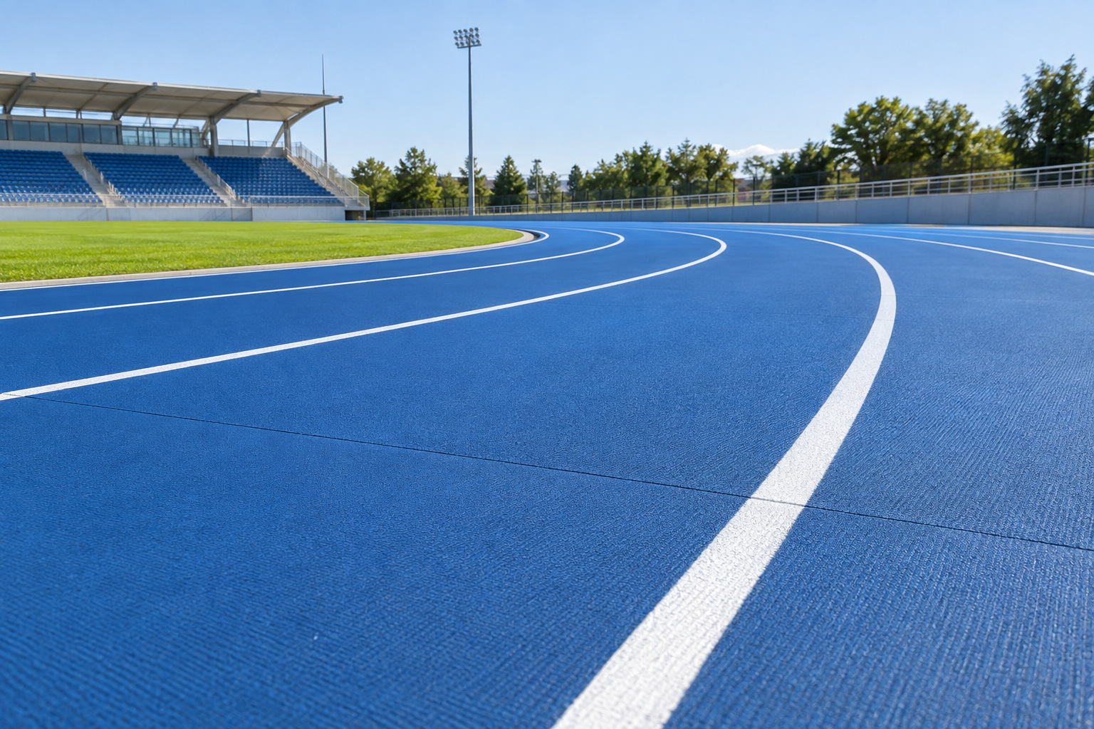 Blue prefabricated rubber running track exposed to outdoor sunlight