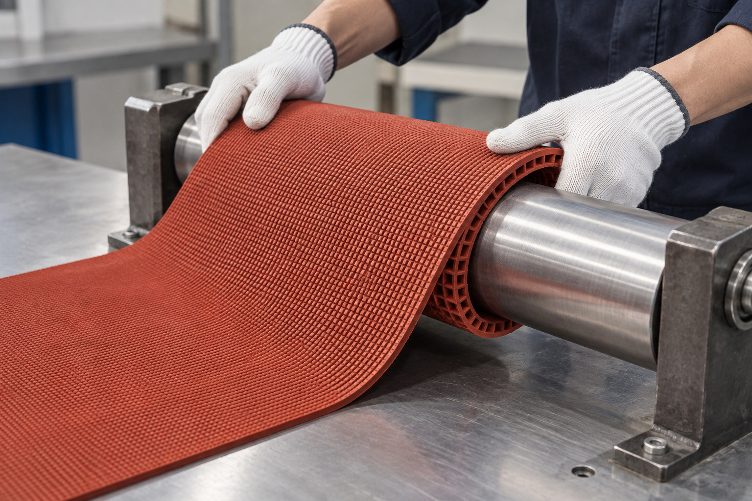 Rubber strip flexed around a smooth cylindrical fixture for examination