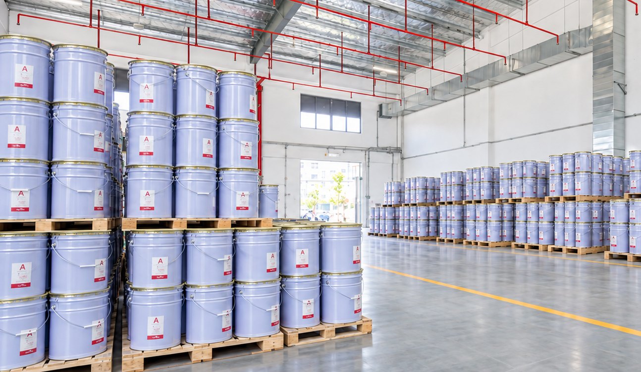 Palletized metal containers arranged inside a warehouse