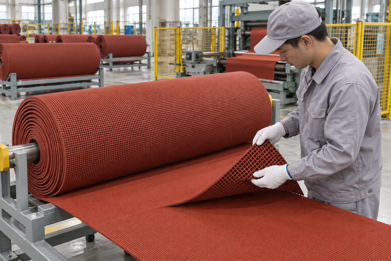 Prefabricated rubber track rolls arranged in a factory inspection area