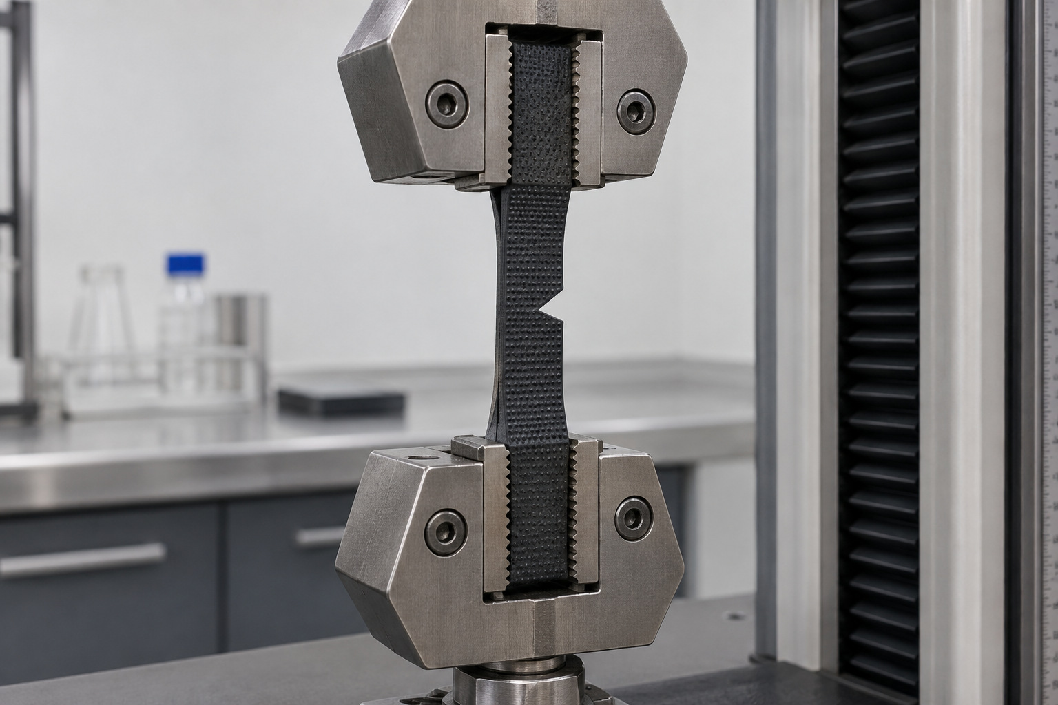 Notched rubber coupon held between laboratory grips for examination under load