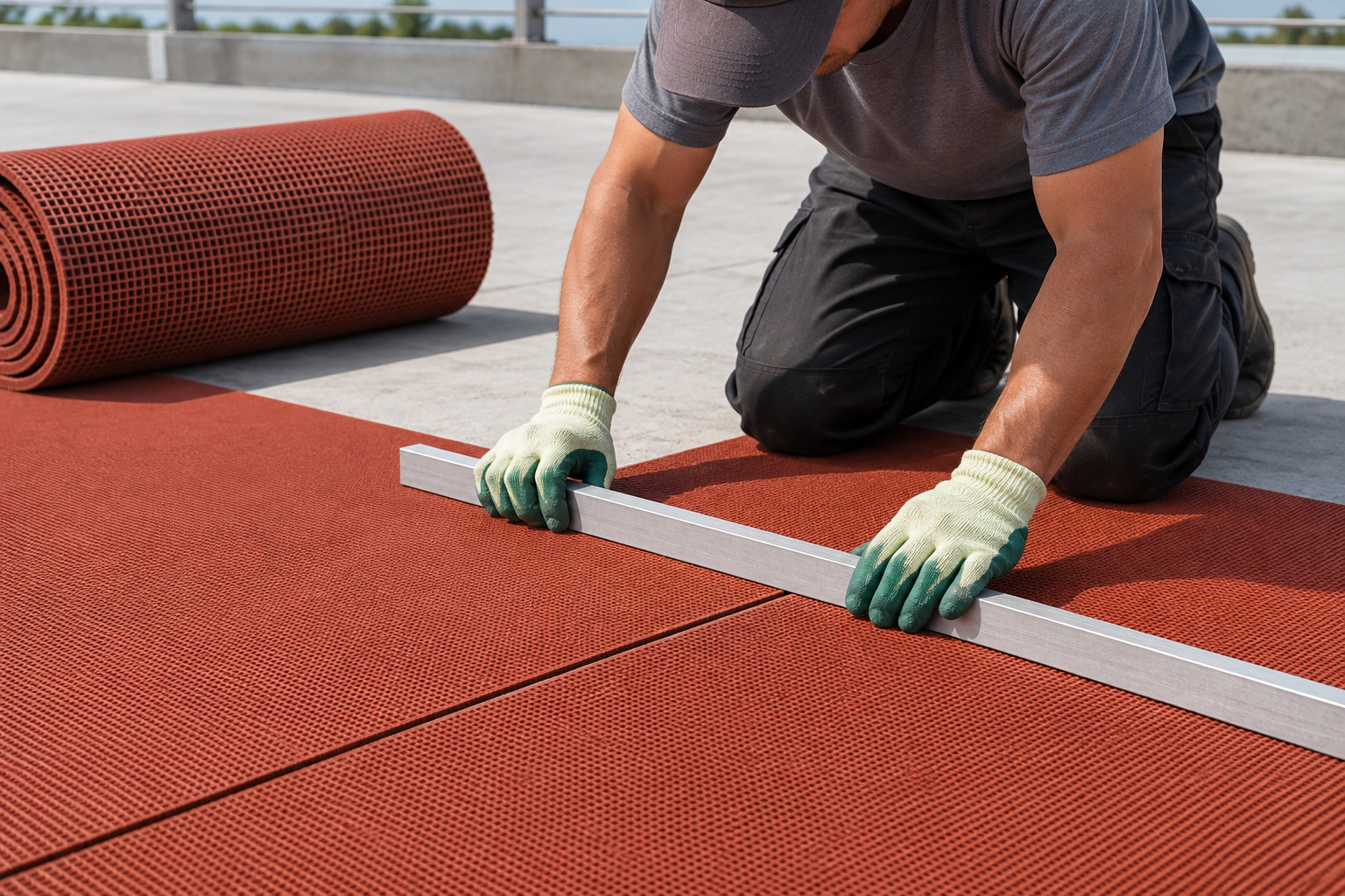 Installer checking an end-joint alignment with a straightedge before final fitting