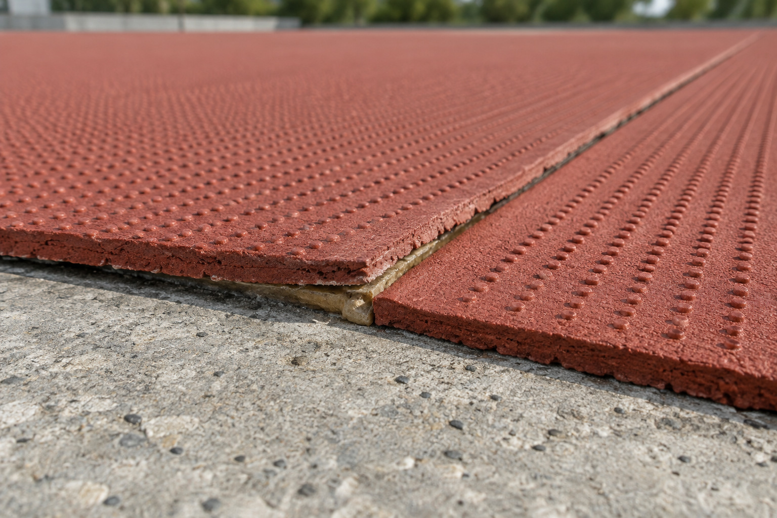 Small lifted edge at a butt joint between embossed prefabricated rubber track sheets