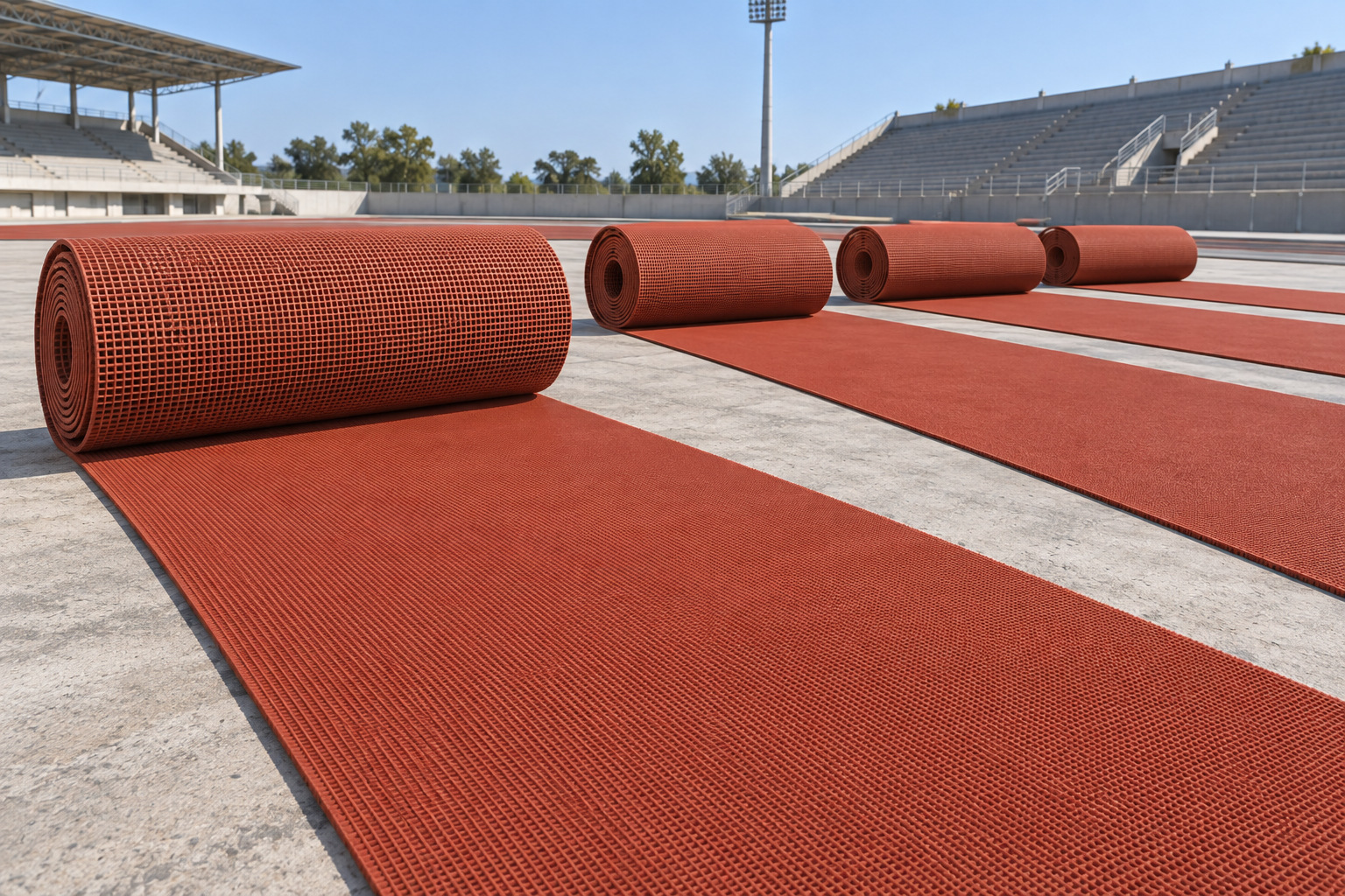 Prefabricated rubber track rolls unrolled flat on a dry stadium foundation