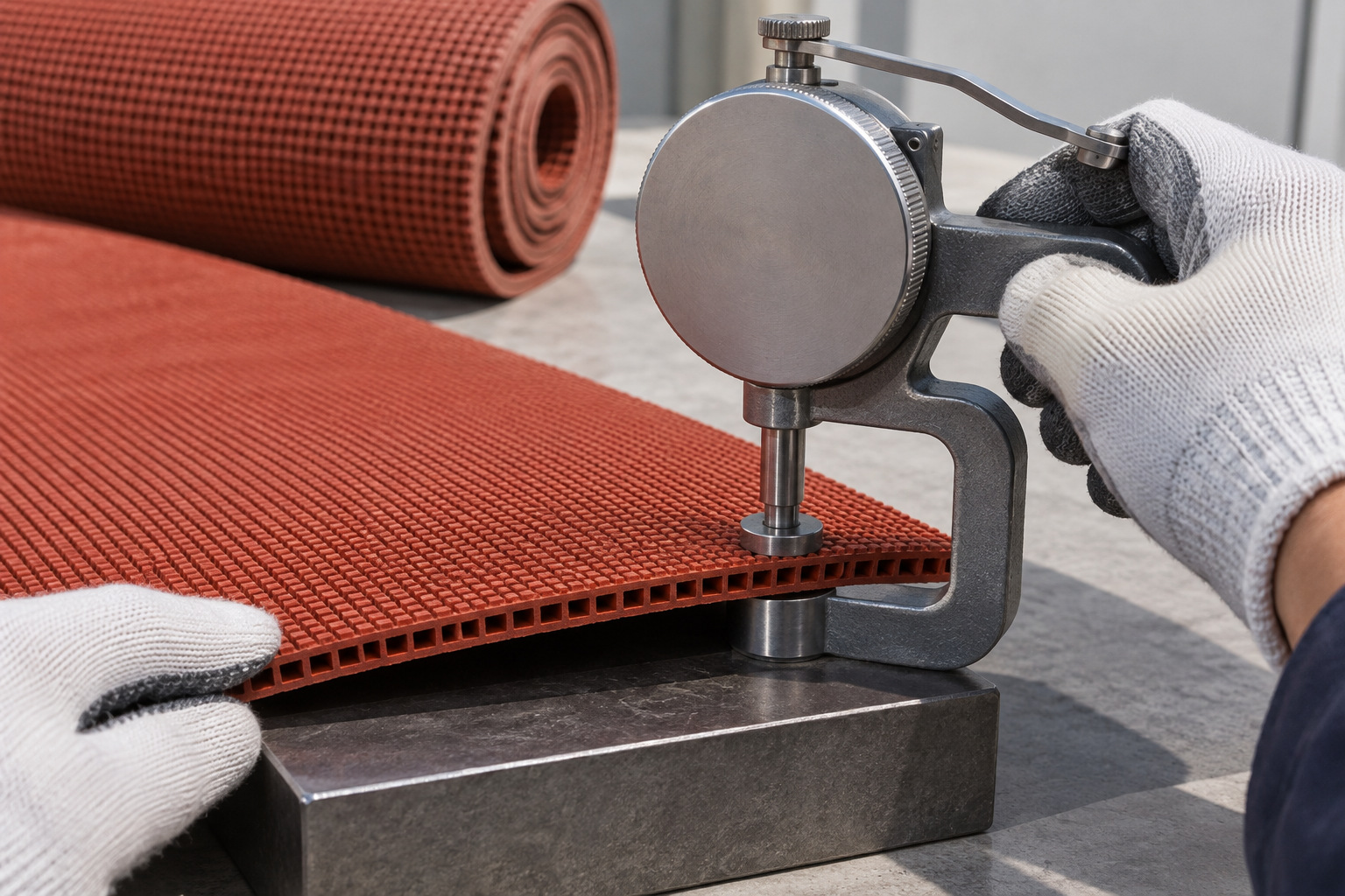 Thickness gauge checking a prefabricated rubber track specimen on a flat support