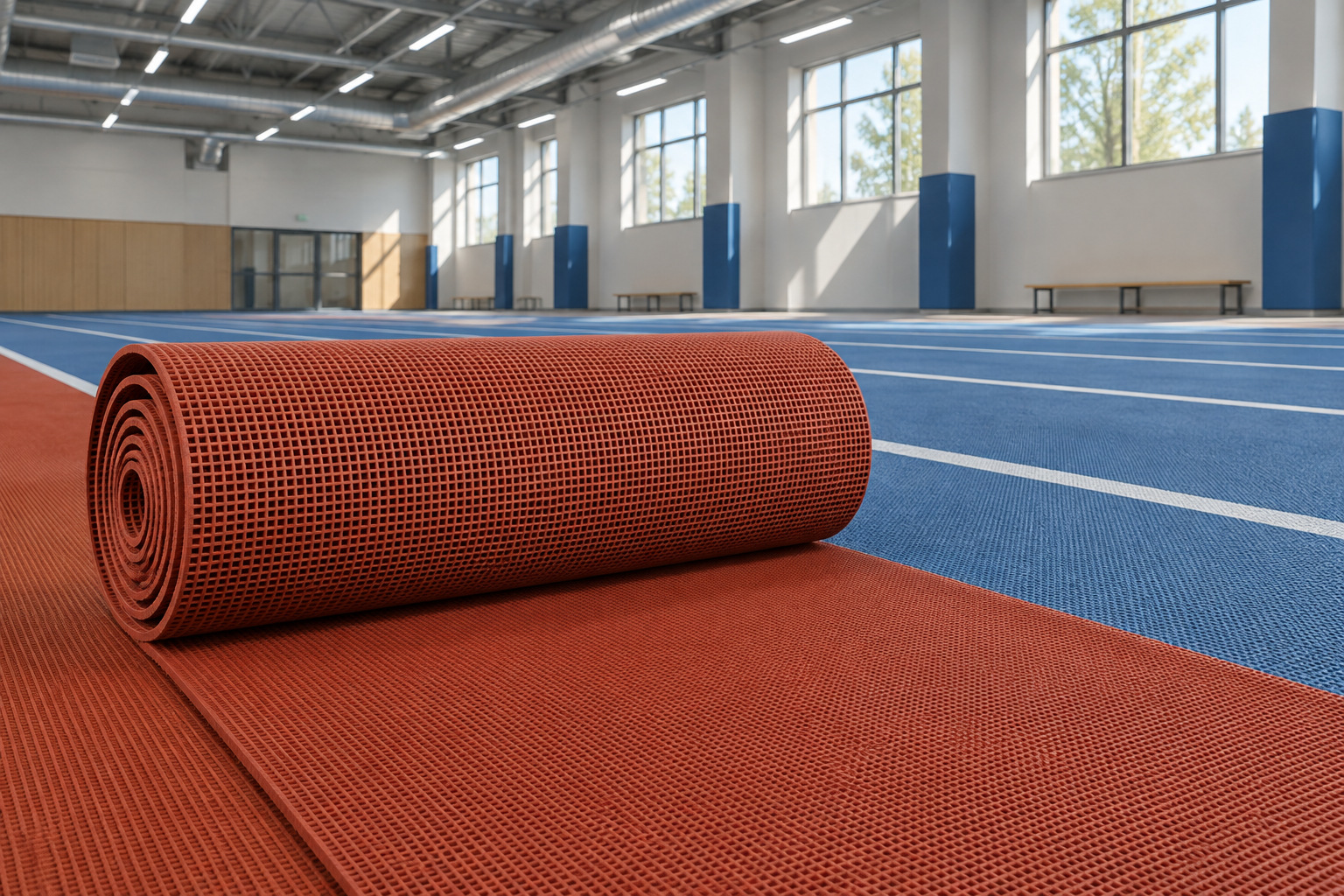 Ventilated indoor training hall with prefabricated rubber lanes and exposed ceiling ducts