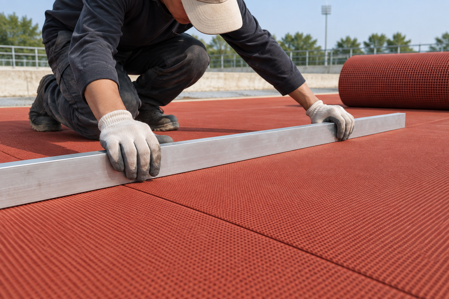 Straightedge used to inspect local surface regularity on a prefabricated rubber track