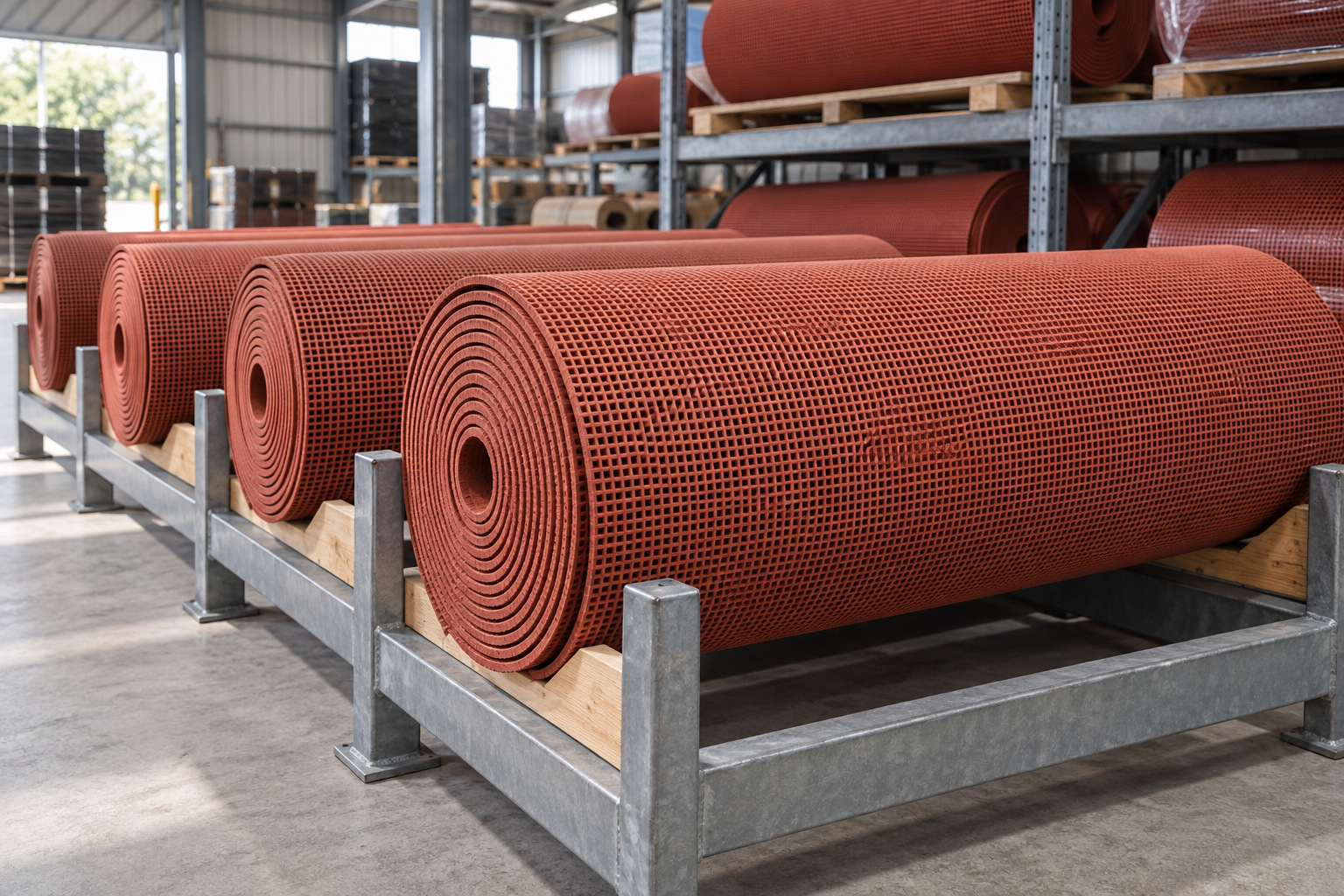 Rubber track rolls supported in a sheltered storage area