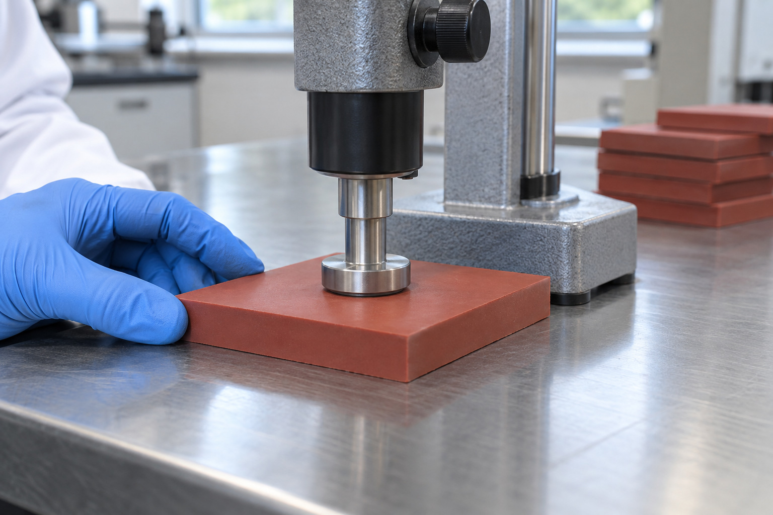 Bench-mounted durometer positioned perpendicular to a flat rubber test specimen