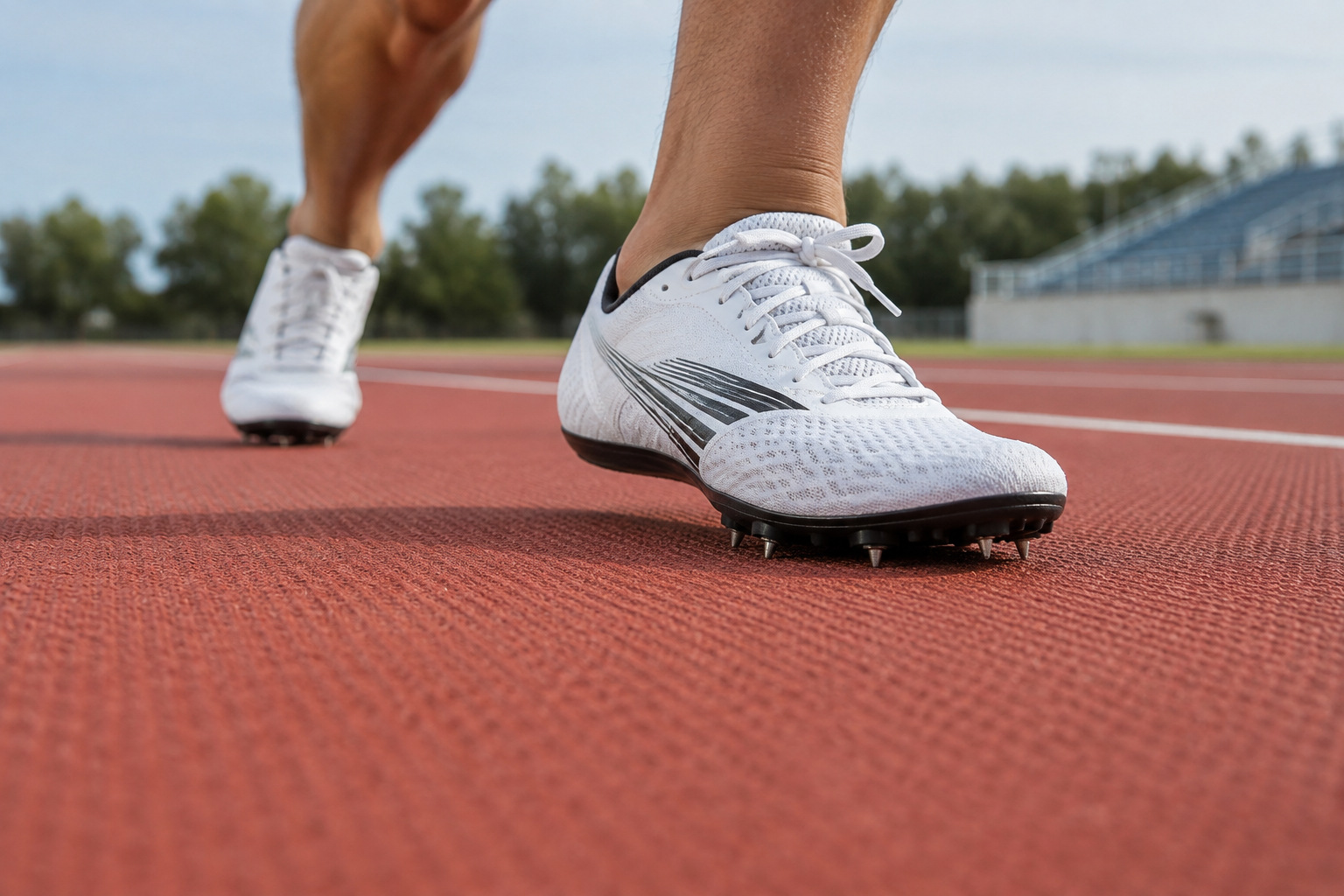 Short shoe spikes contacting a fully supported prefabricated rubber running surface