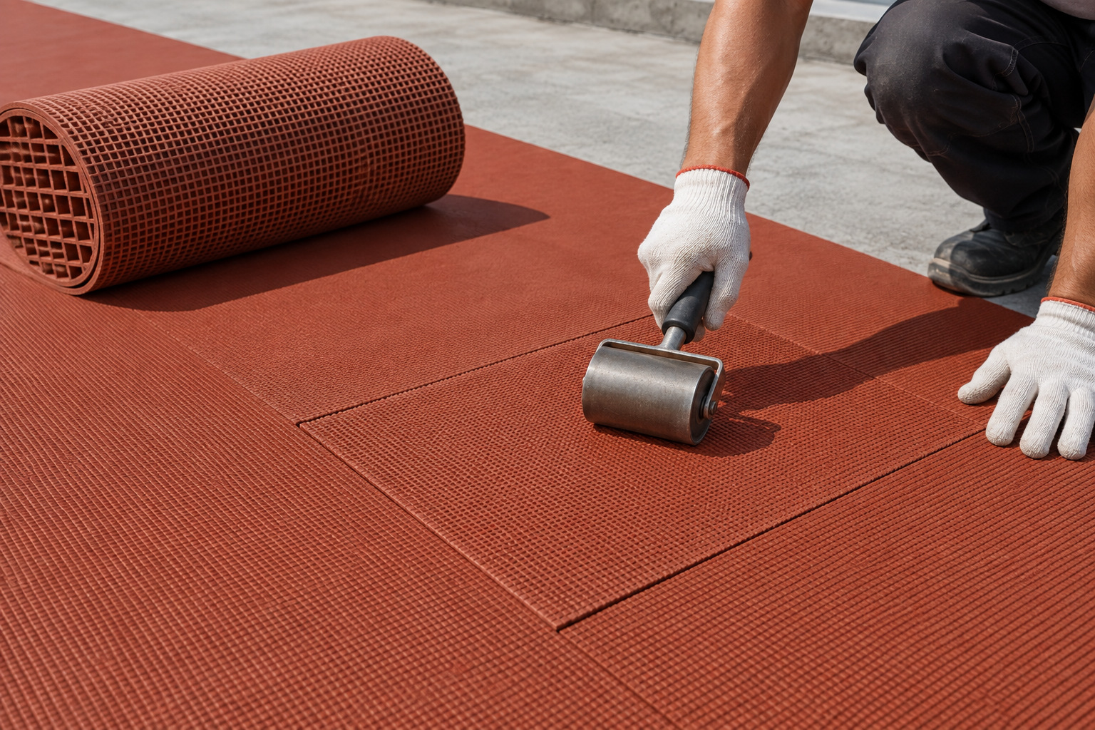 Hand roller consolidating a flush replacement section within a rubber running track