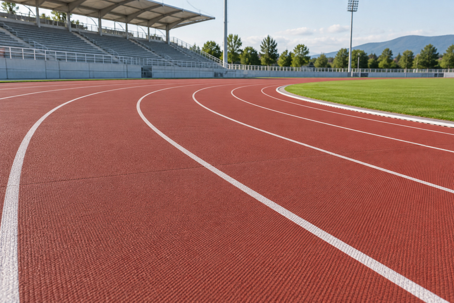 Completed curved running track with flush sheet joints and continuous lane markings
