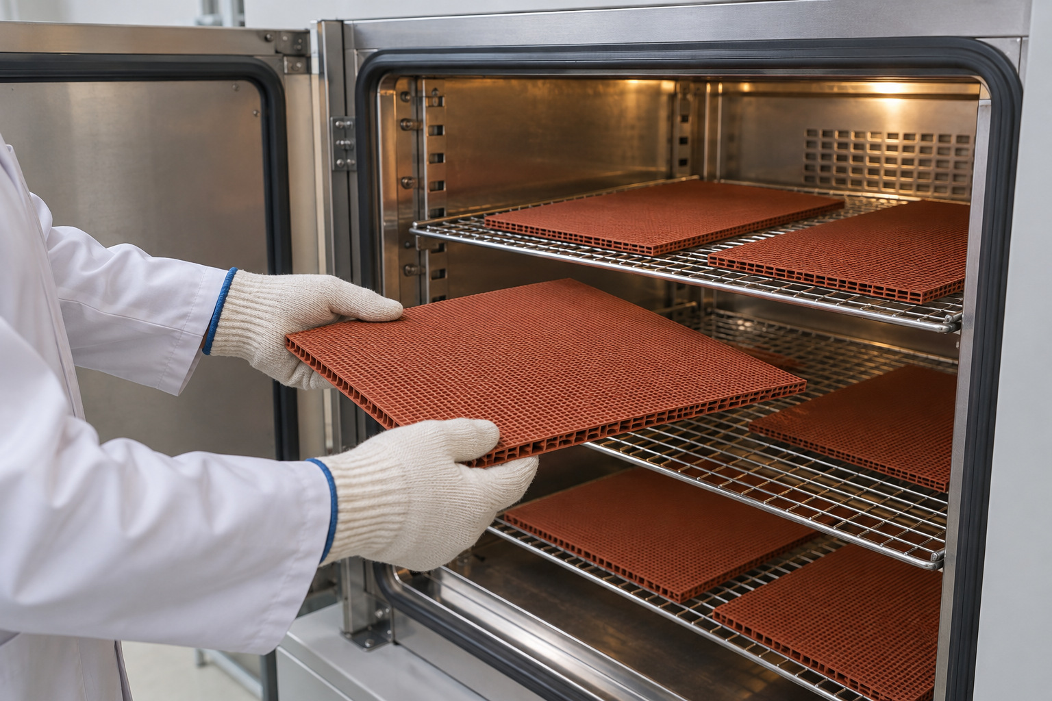 Rubber specimens arranged inside a laboratory heat aging chamber