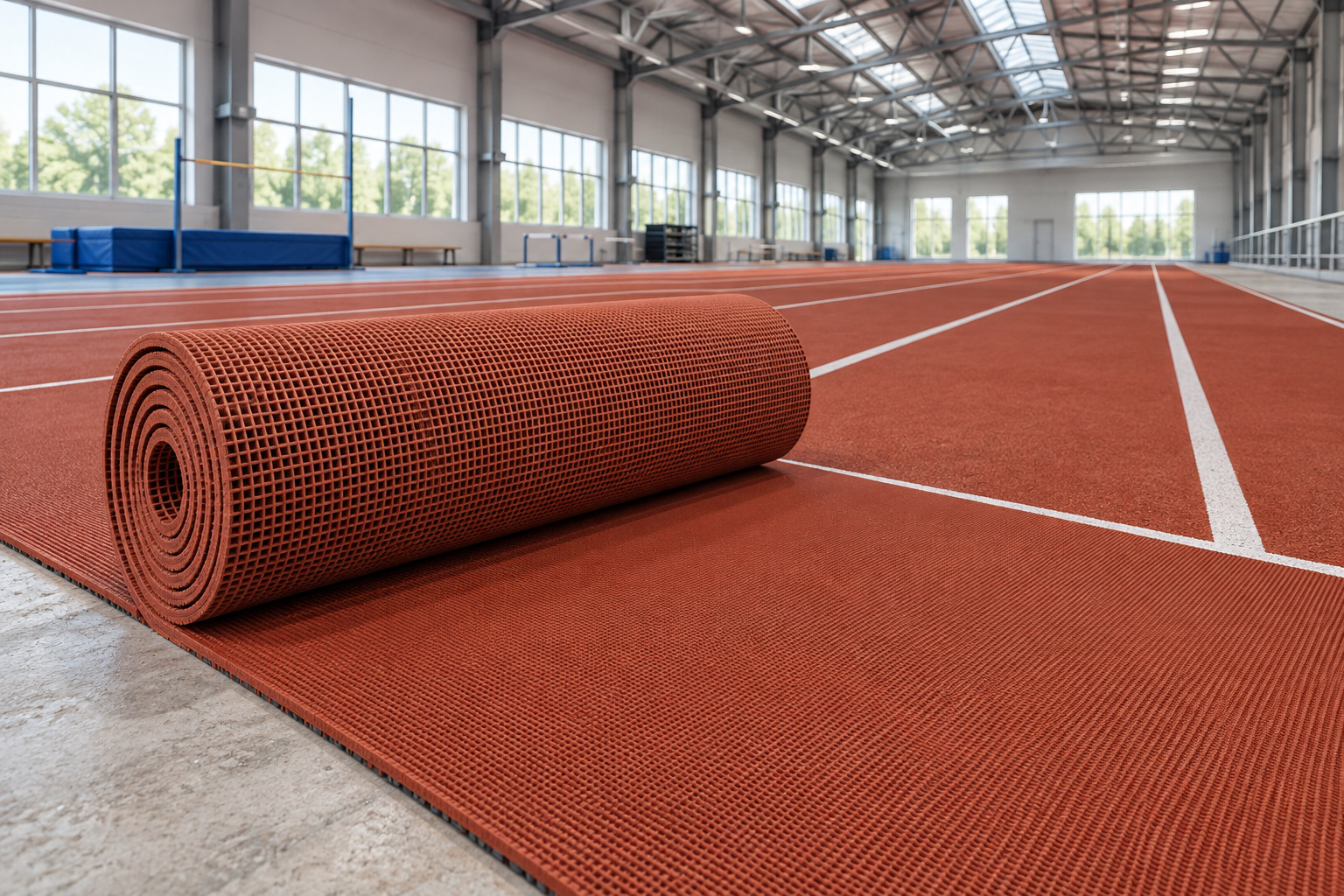 Indoor athletics training lanes surfaced with prefabricated red rubber