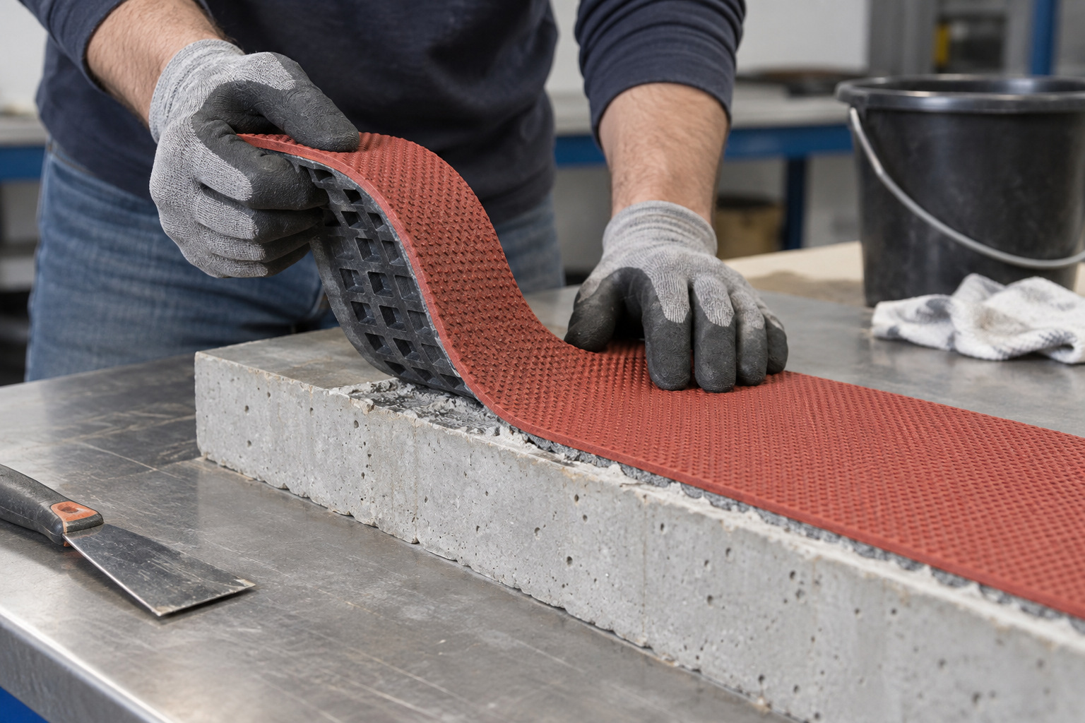 Bonded rubber test strip on a concrete panel with its free end raised for examination