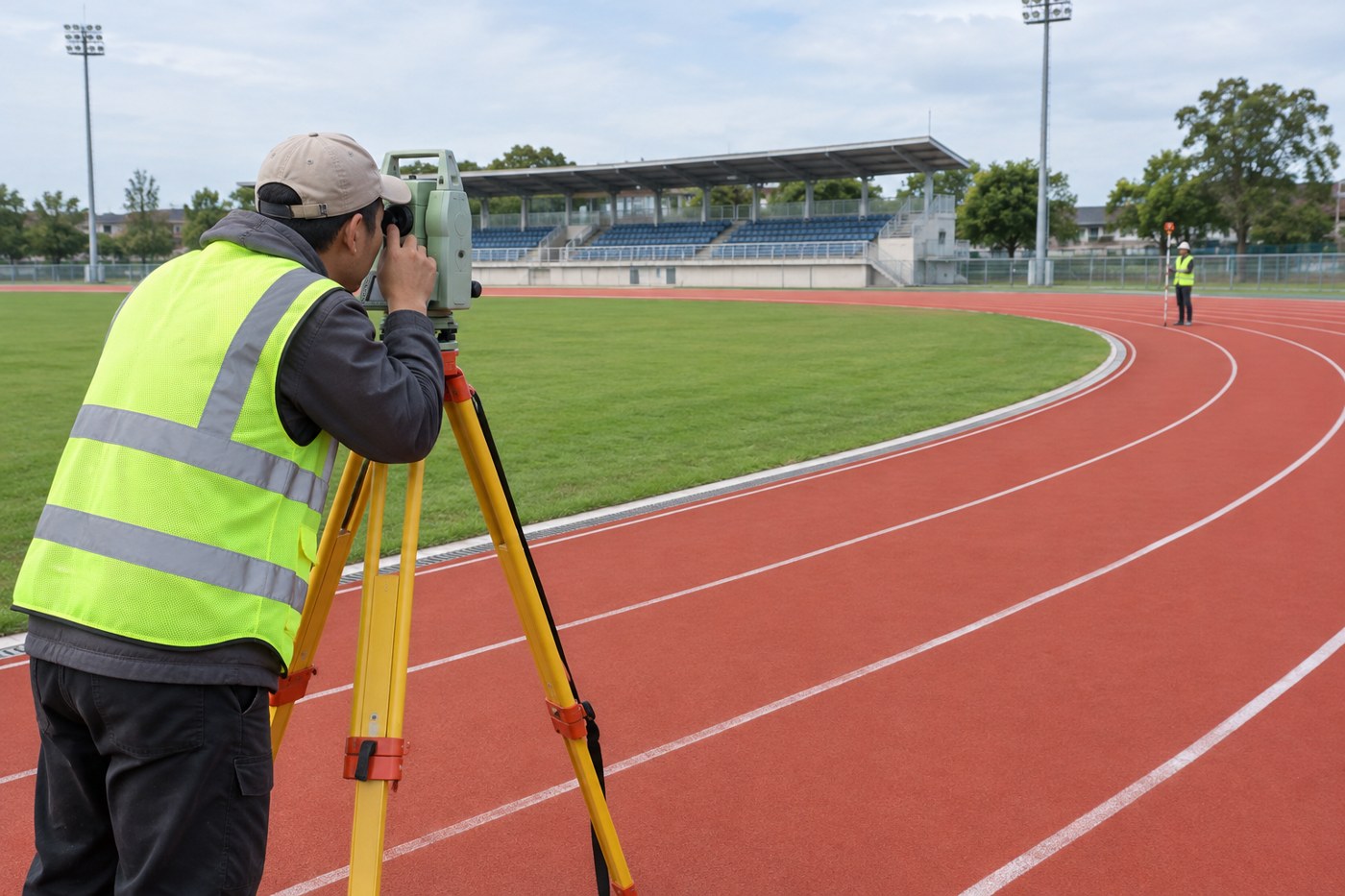Surveyor using a total station and a distant prism pole on a running track