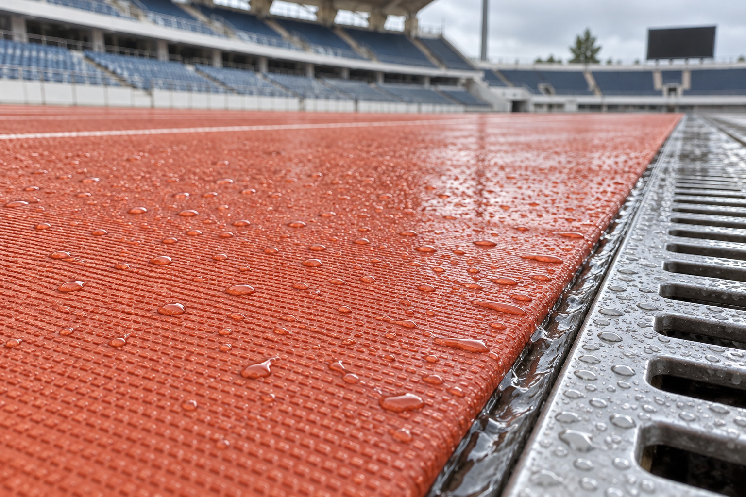 Rain droplets on a prefabricated track beside a functioning linear drain