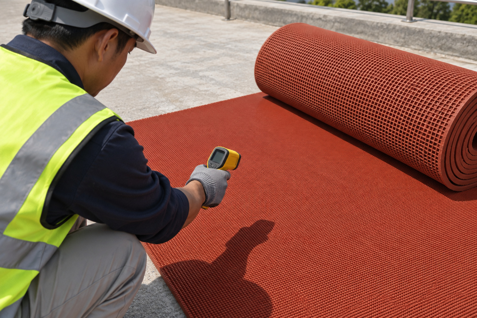 Installer measuring the surface temperature of a prefabricated rubber sheet