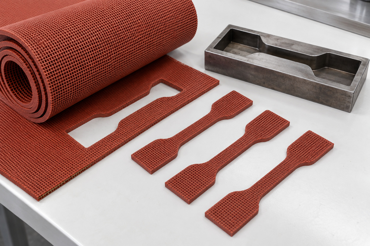 Die-cut rubber tensile specimens prepared beside a steel cutting die