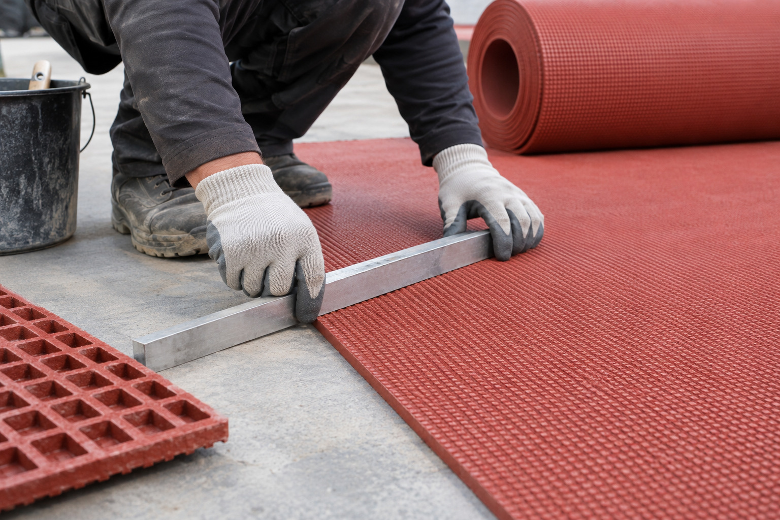 Installer checking the trimmed edge of a prefabricated rubber sheet with a straightedge
