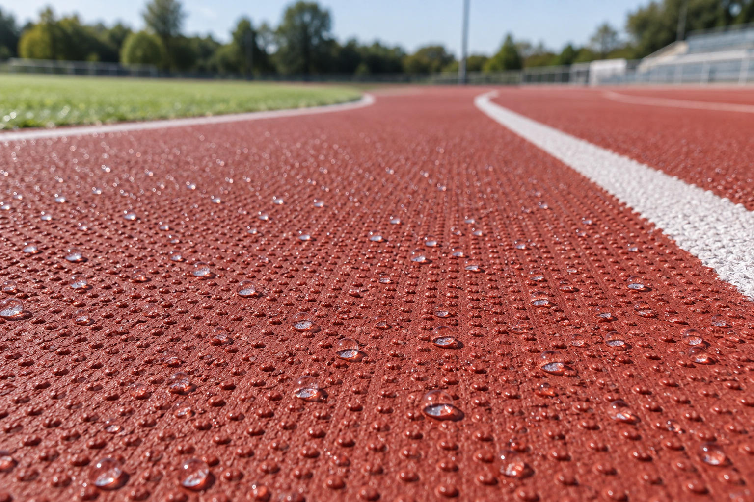 Water droplets resting on the embossed surface of a prefabricated rubber running track