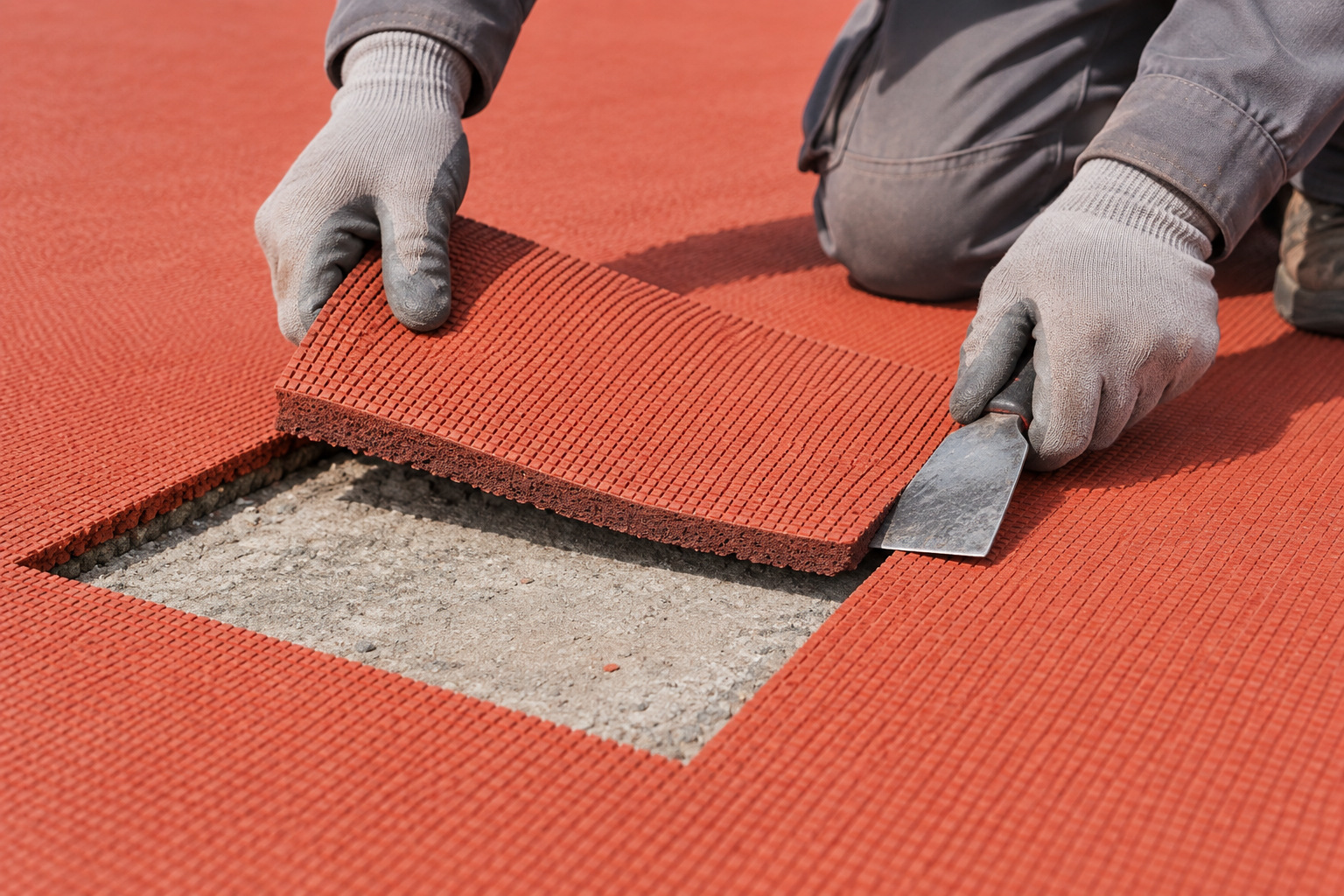 Damaged rectangular section of rubber track being removed to expose the foundation