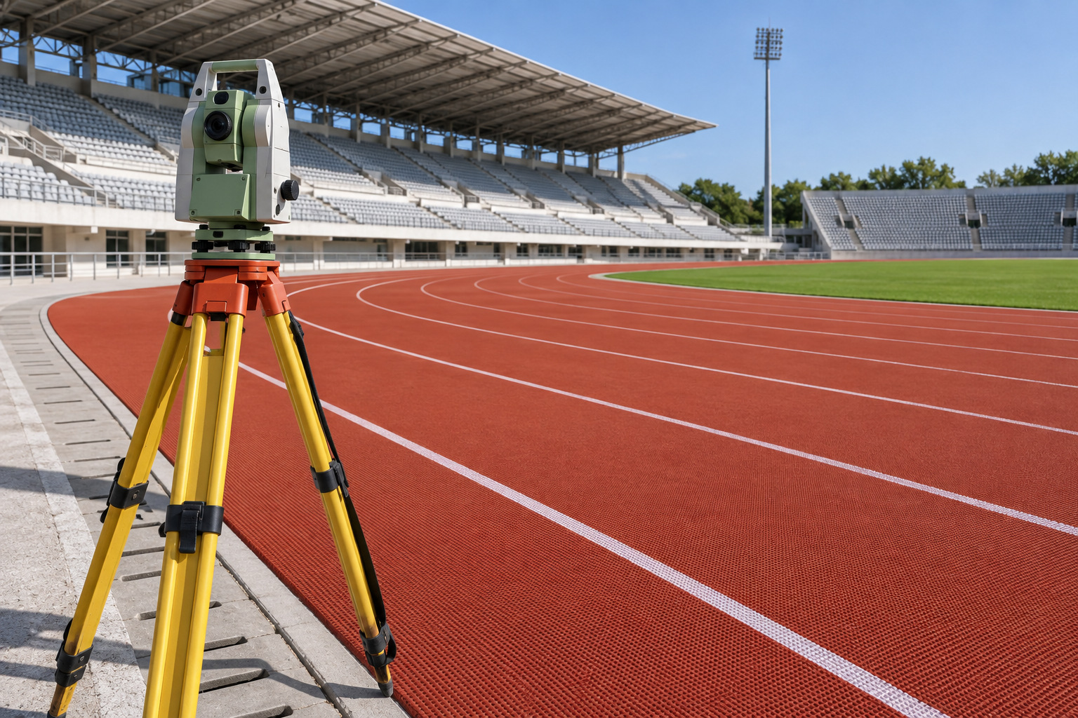 Survey instrument positioned beside the finished running track for dimensional verification
