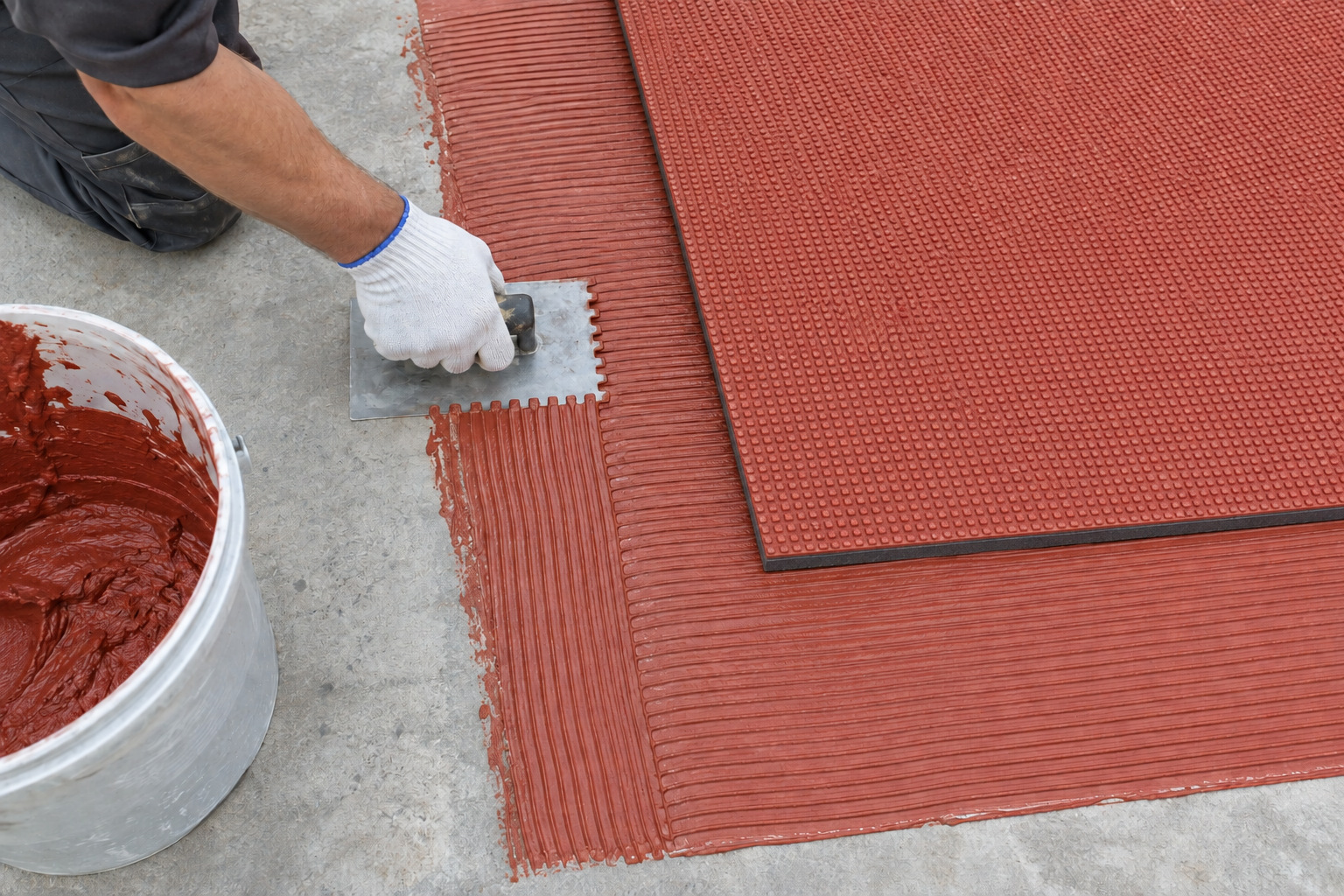 Adhesive spread beside a flat prefabricated rubber sheet with its red wearing face up and backing bonded downward