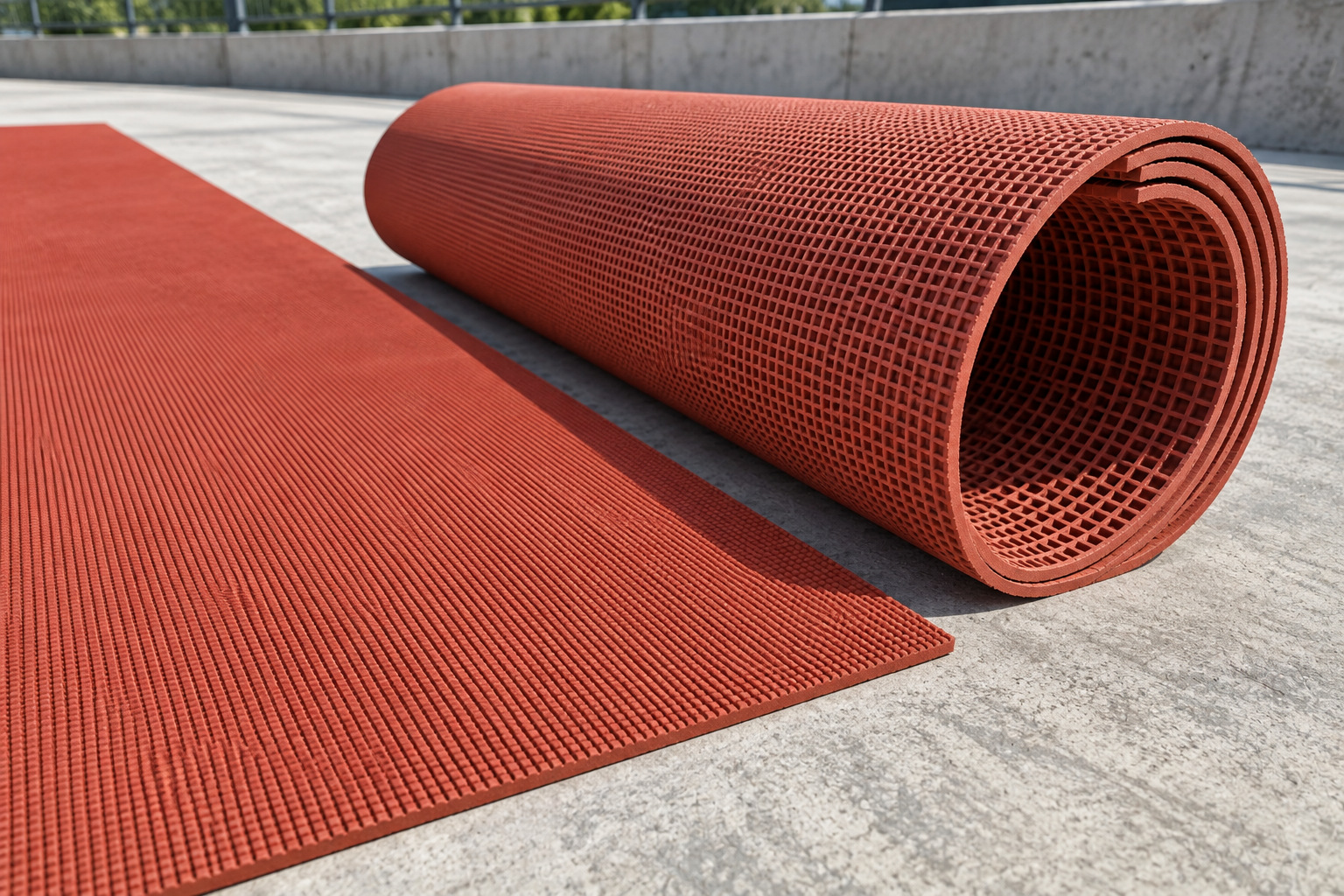 Gently curled end of newly unrolled material beside a relaxed rubber sheet
