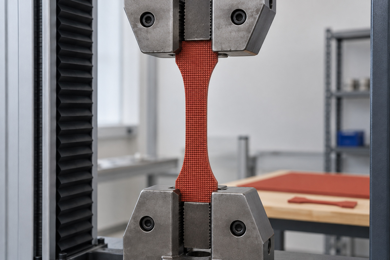 Rubber dumbbell specimen held under tension in a laboratory testing machine