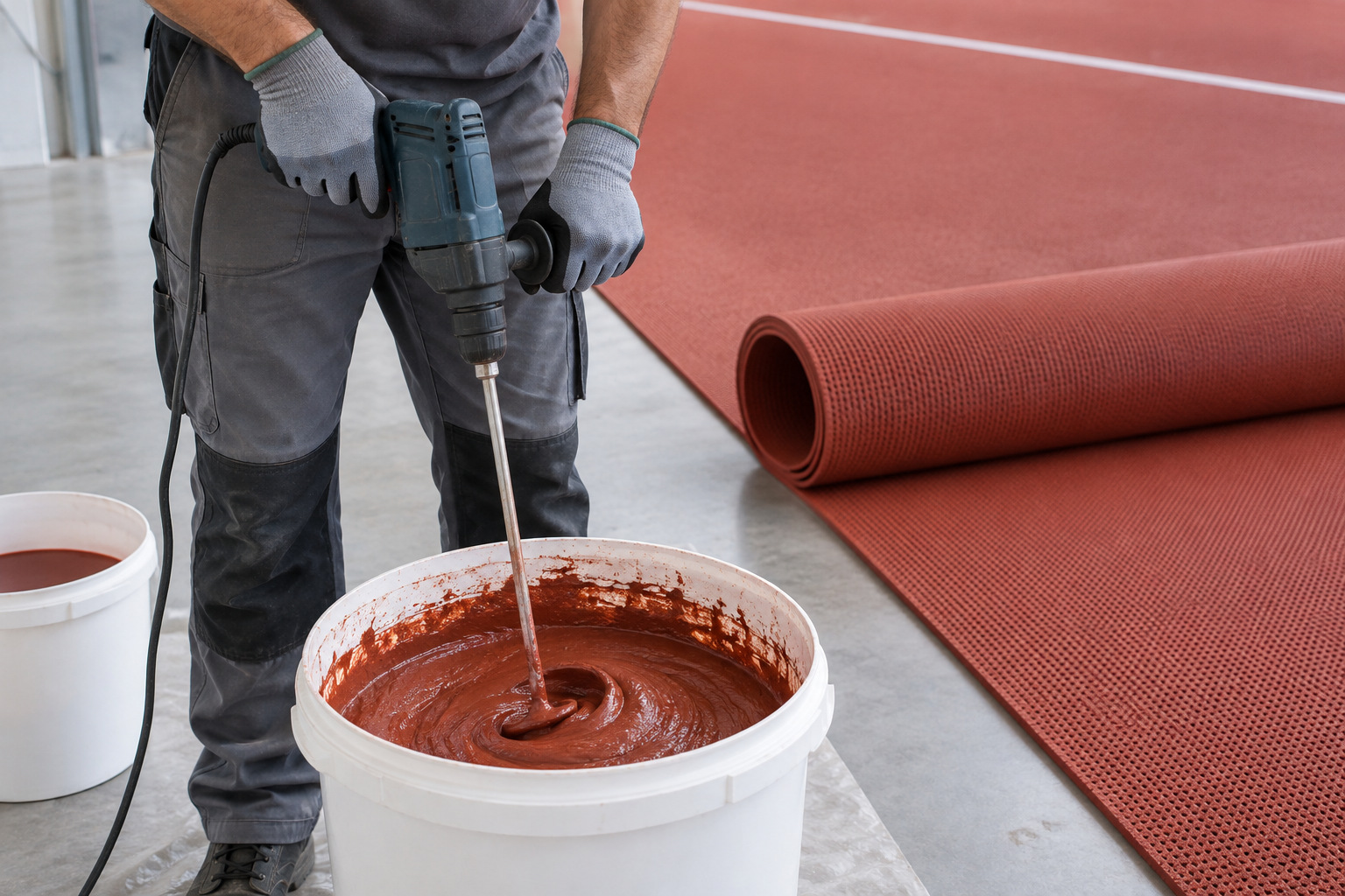 Installer mixing a two-component flooring adhesive in a plain container