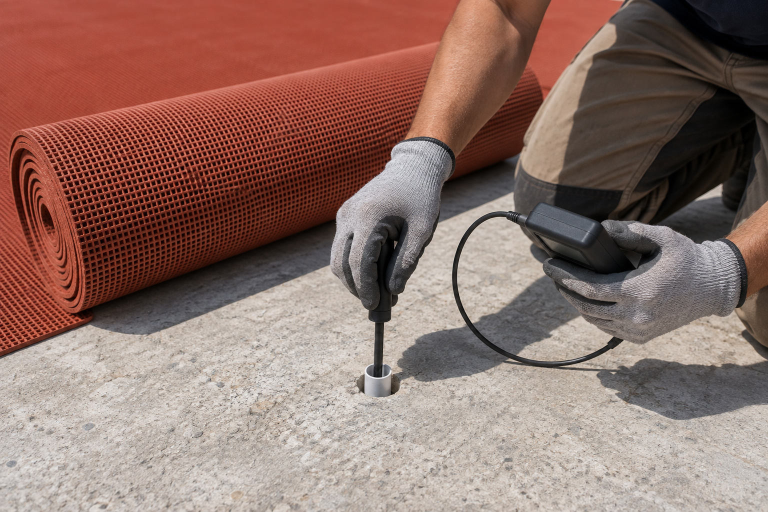 Gloved installer positioning a humidity probe in a drilled concrete test sleeve