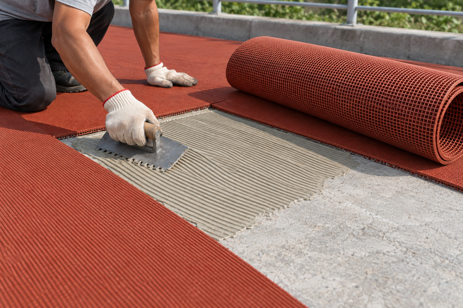 Prepared repair opening with adhesive and a matching prefabricated rubber replacement piece
