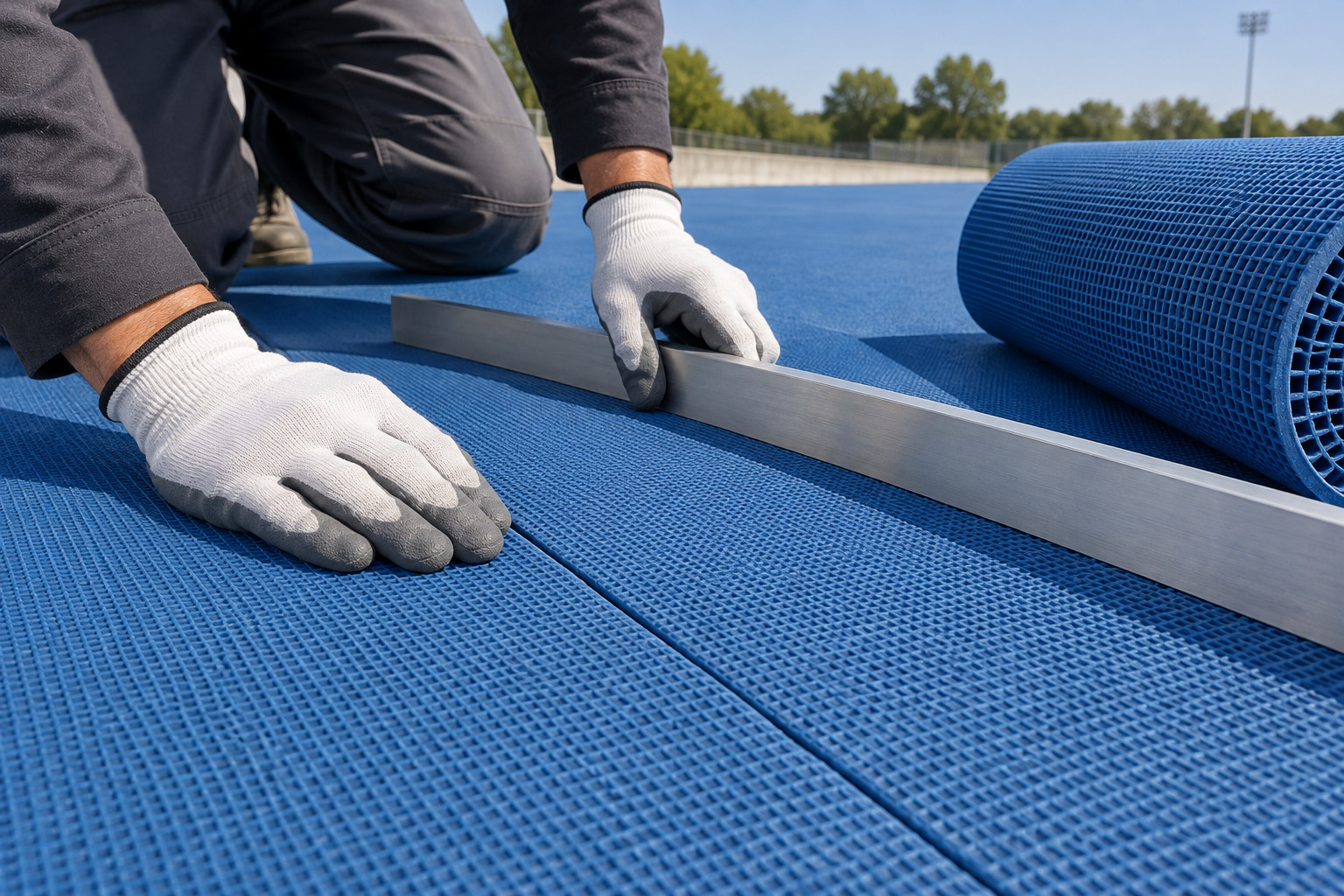 Close inspection of a flush joint in a completed blue prefabricated rubber track