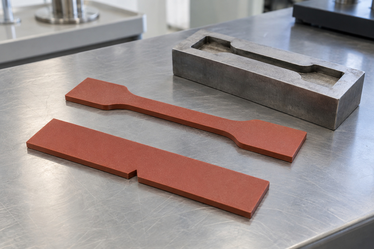 Prepared tensile and notched rubber specimens placed together on a laboratory bench