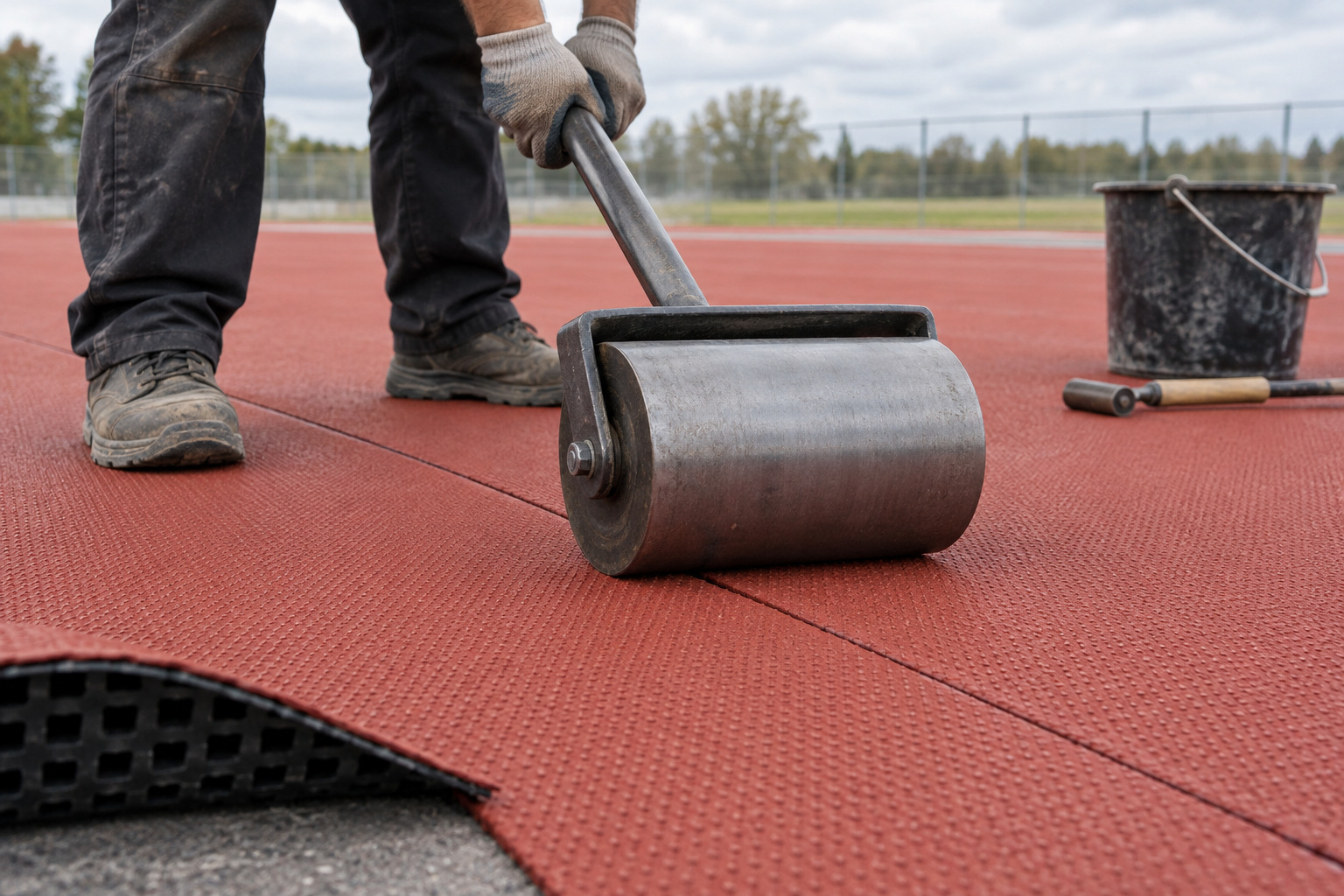 Steel roller consolidating a straight joint between prefabricated rubber track sheets