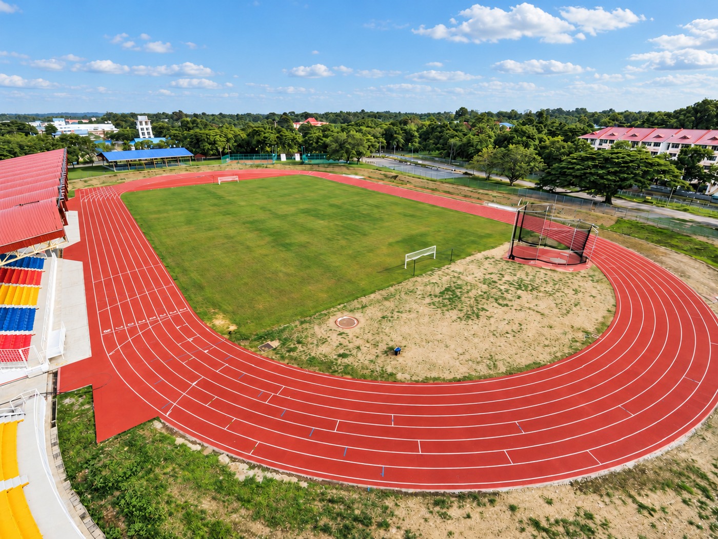 Aerial view of the running track at Kompleks Sukan Labuan after lane marking.
