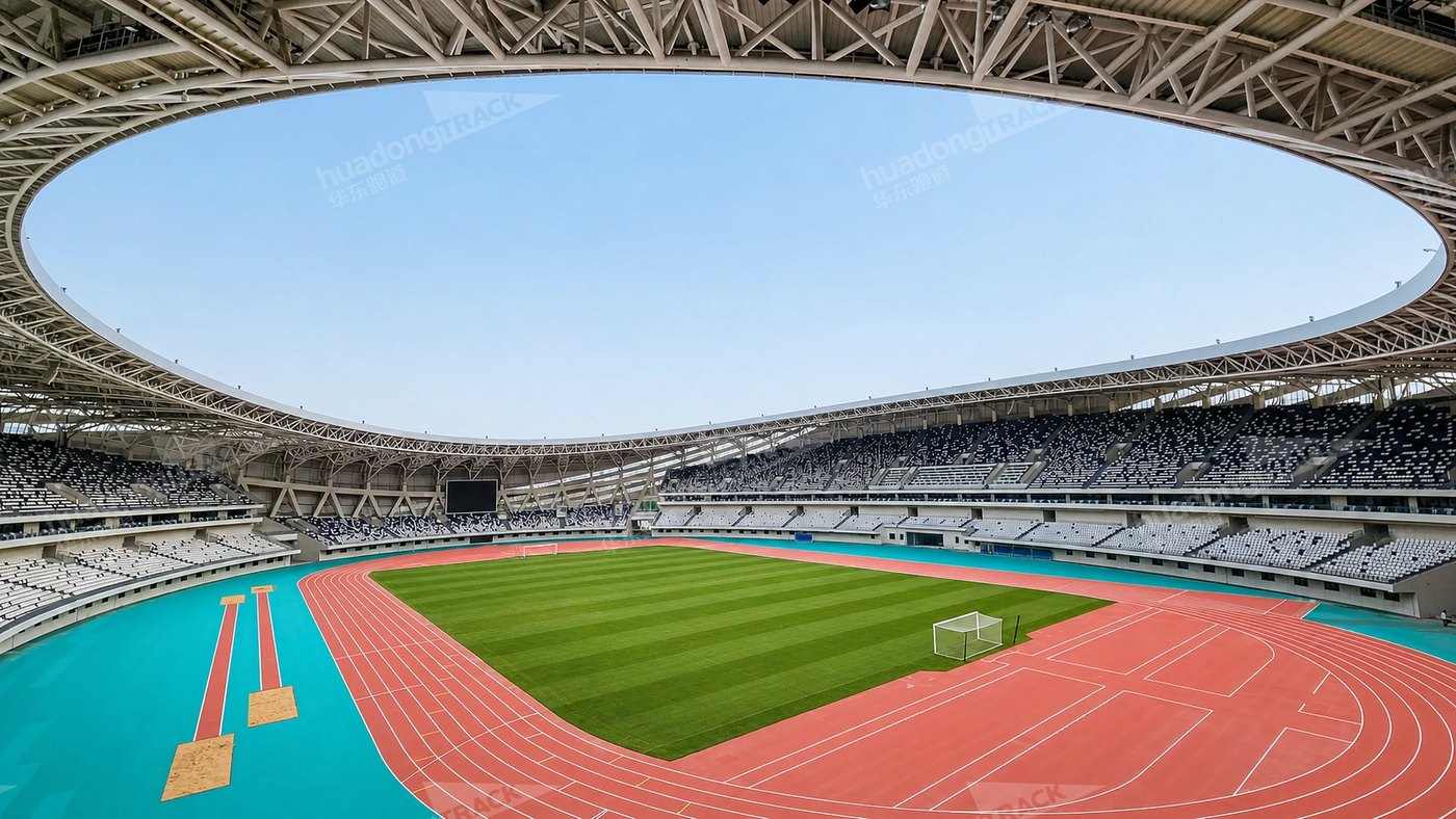 Wide view of the running track and field inside Tangshan New Sports Center