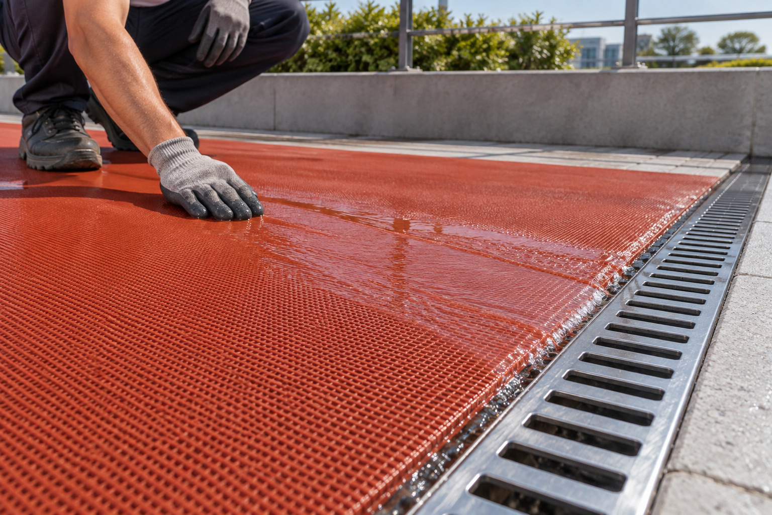 Water draining from the running surface toward a clear perimeter channel