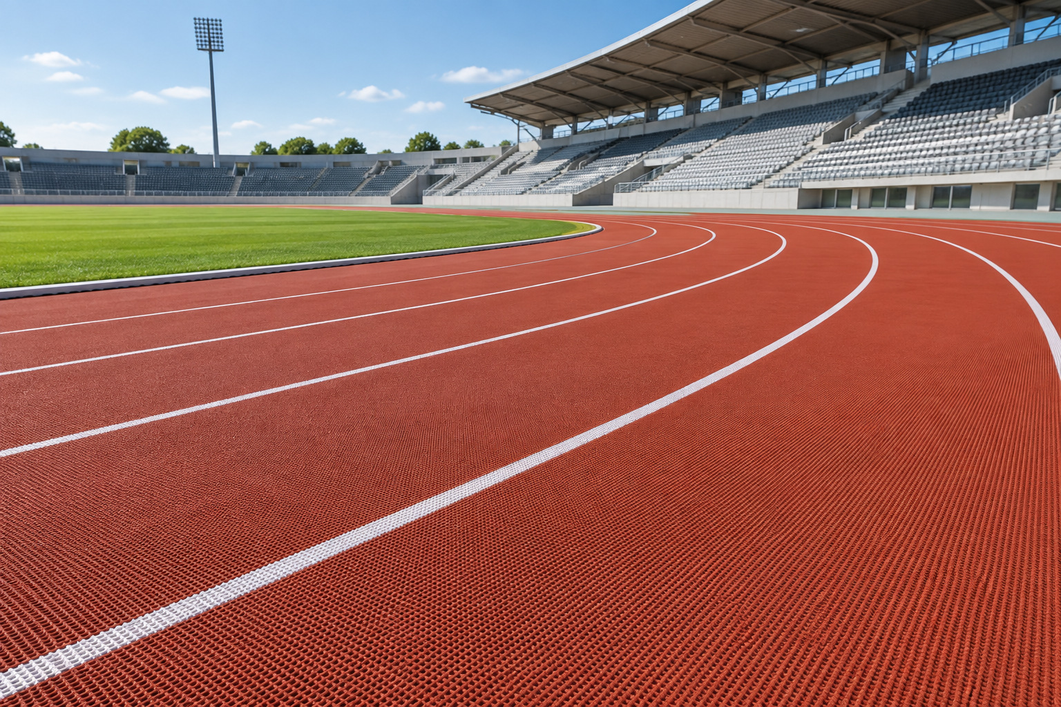 Renovated stadium with a continuous prefabricated rubber running surface