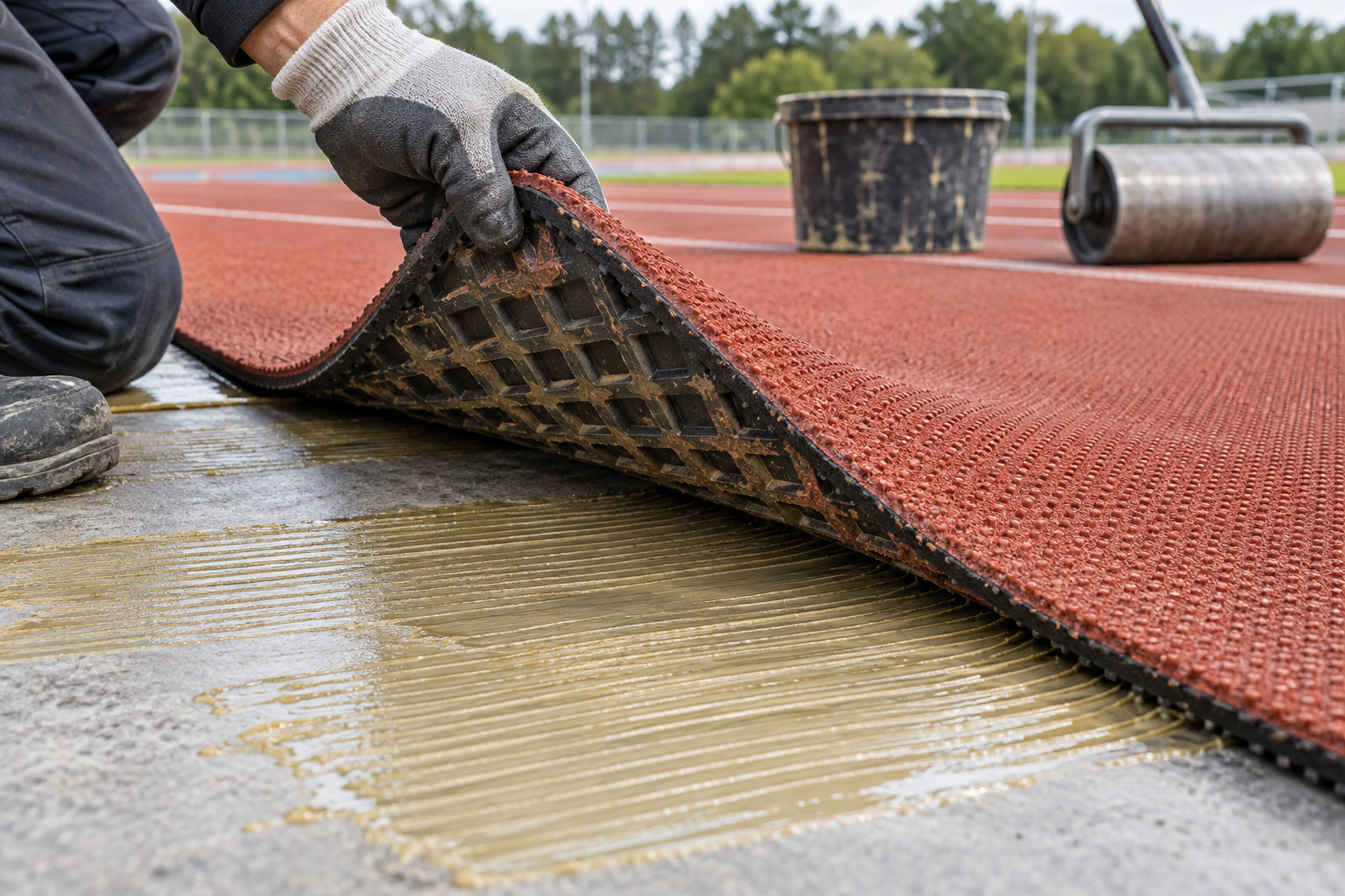 Raised edge of a trial strip showing adhesive transfer to the rubber backing