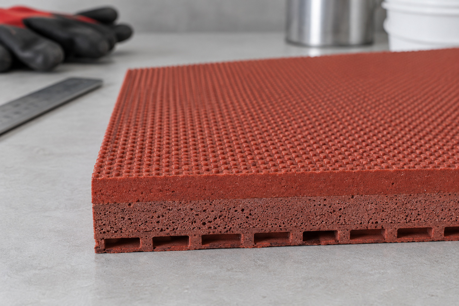 Cut section of a prefabricated rubber track showing the wearing layer and cellular base