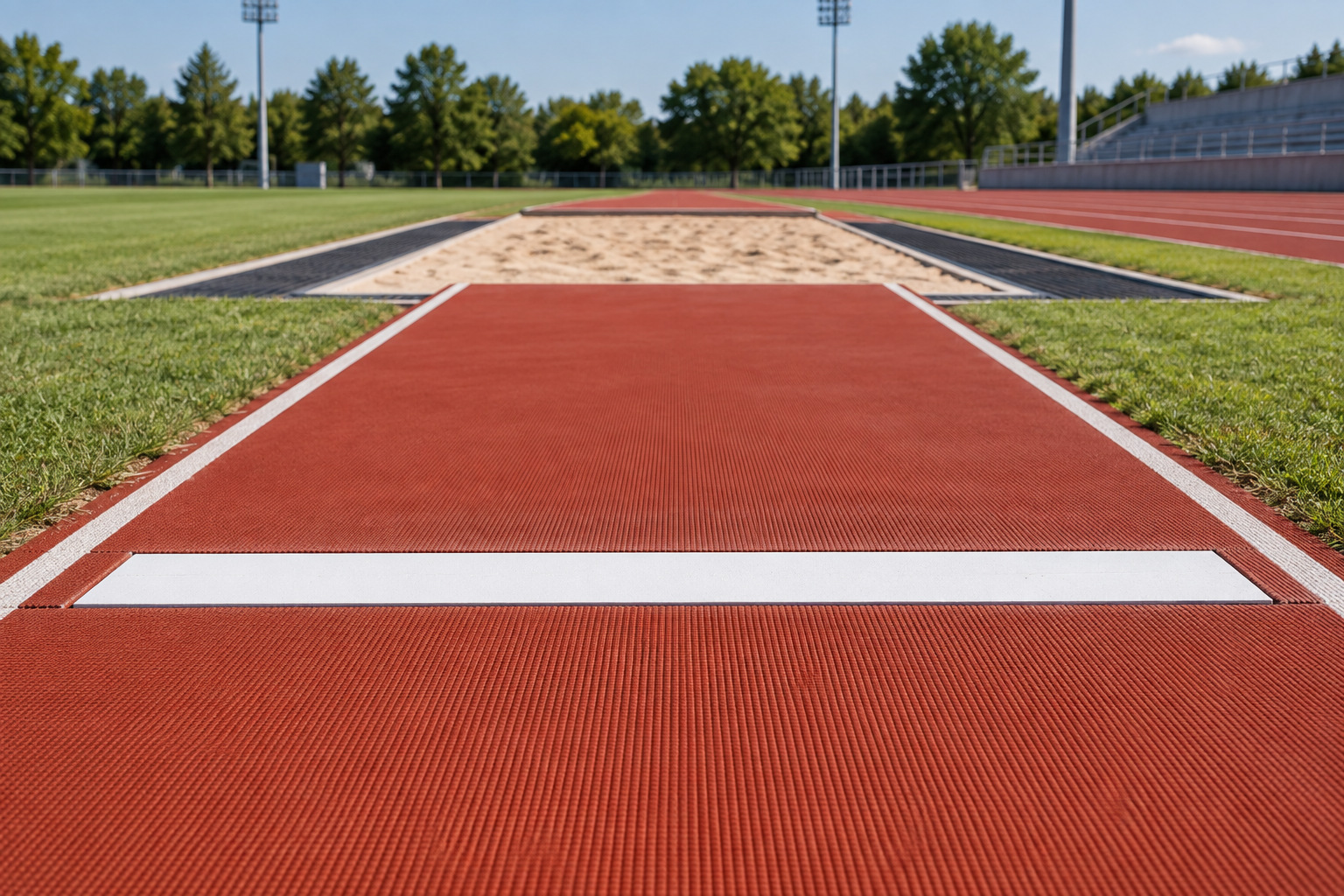 Prefabricated rubber long jump runway meeting a takeoff board and sand pit